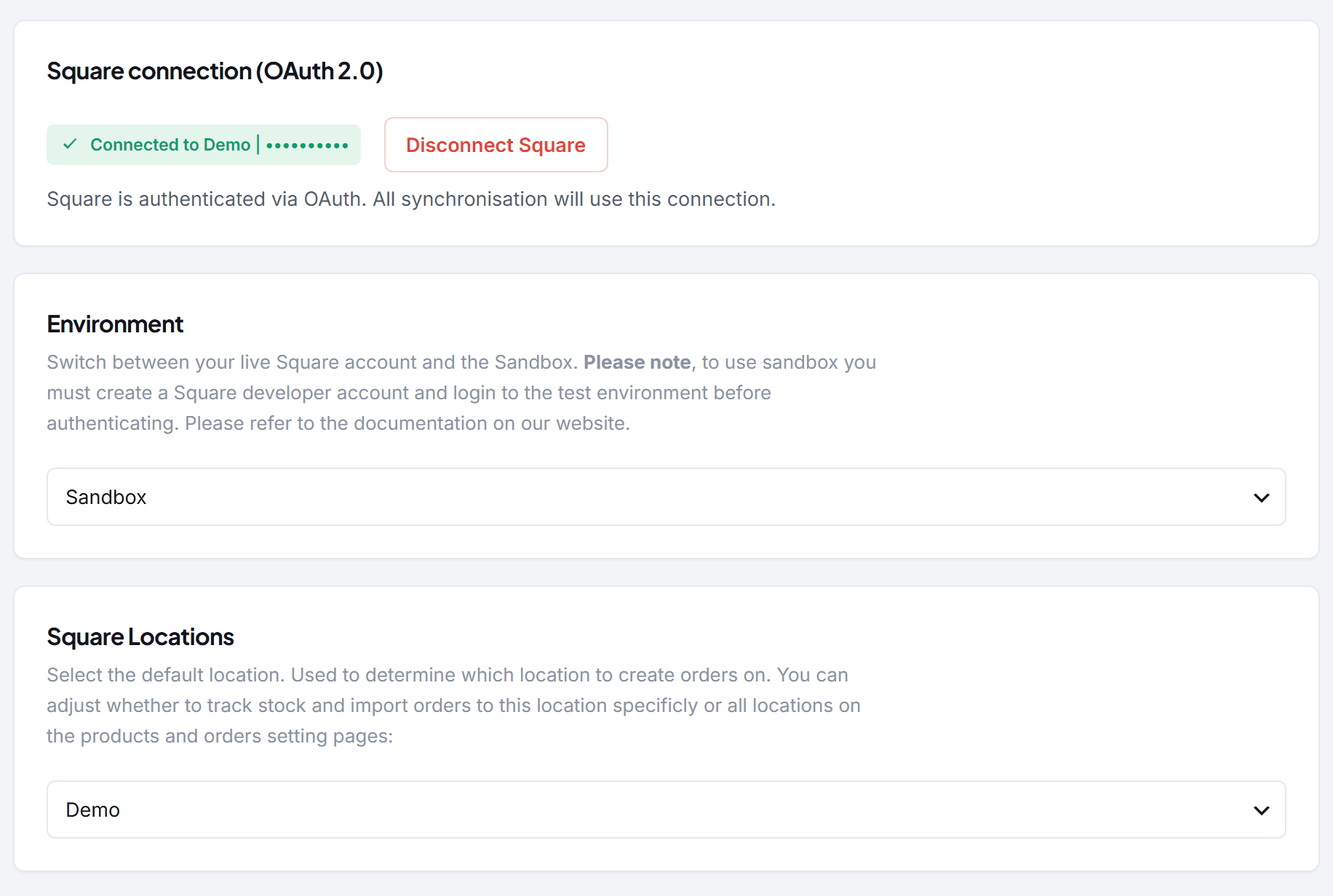 The SWS Pro Connection settings: OAuth connection status, environment selector, and default Square location