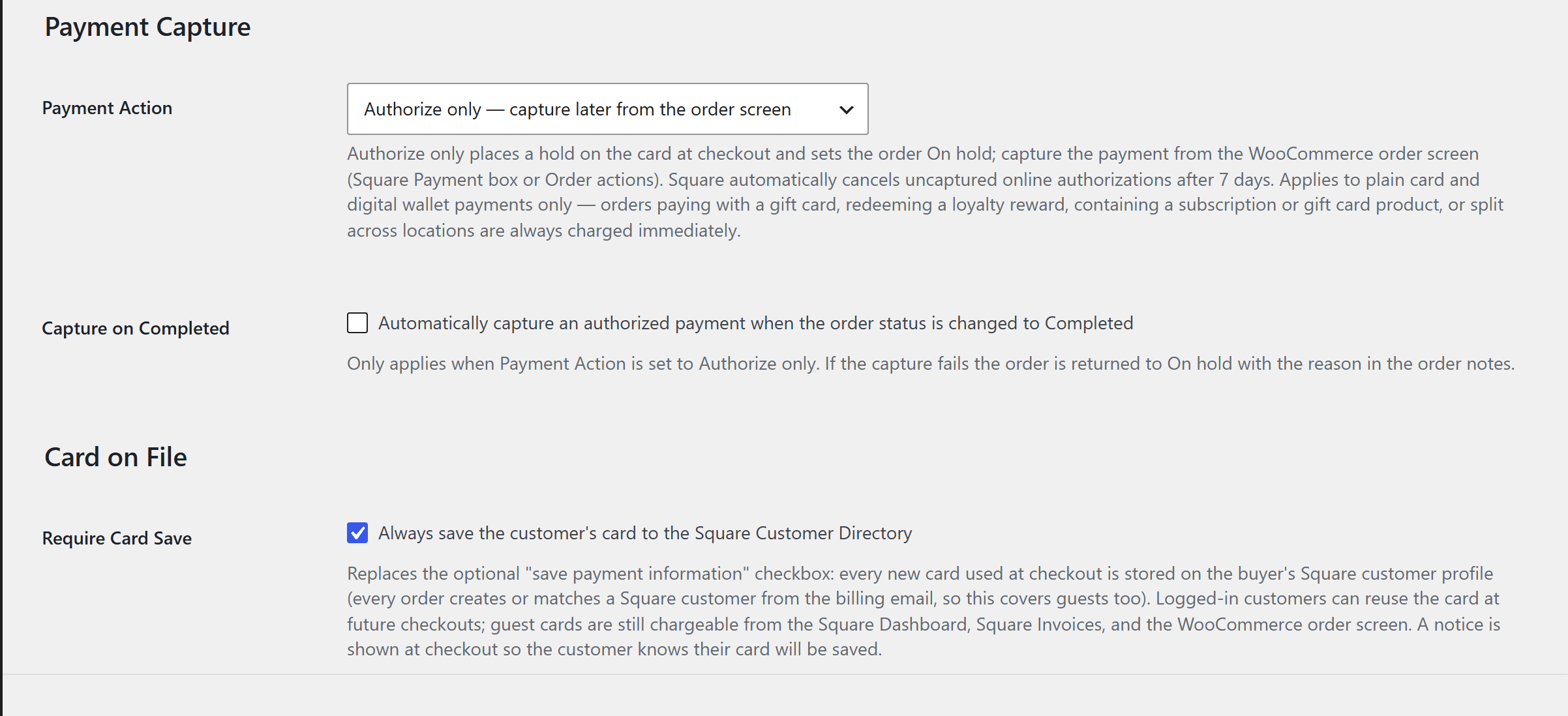 Square gateway settings showing the Payment Capture and Card on File sections