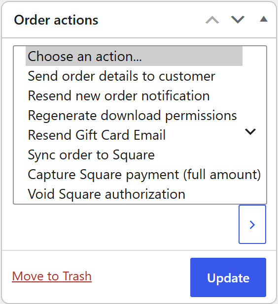 WooCommerce Order actions dropdown showing the Capture Square payment and Void Square authorization actions