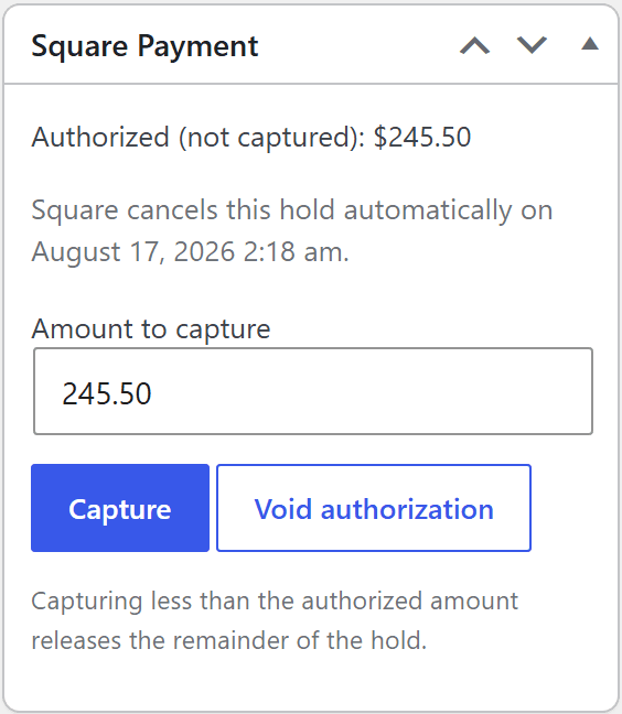 The Square Payment box on an order, showing the authorized amount, capture amount field, and Capture / Void buttons