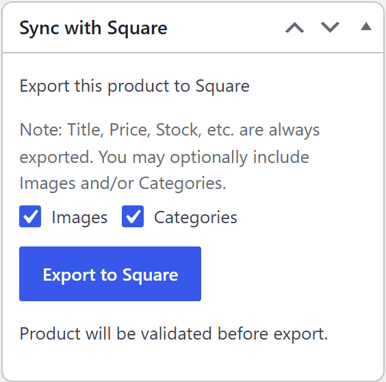 The Sync with Square box on a product, with optional Images and Categories and the Export to Square button