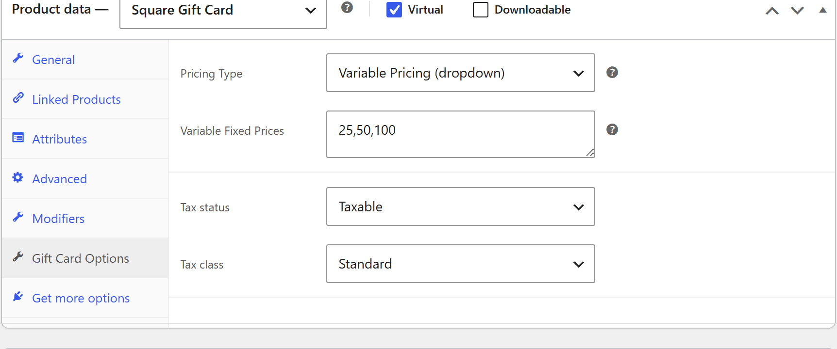 The Gift Card Options tab on a Square Gift Card product, showing pricing type and tax settings