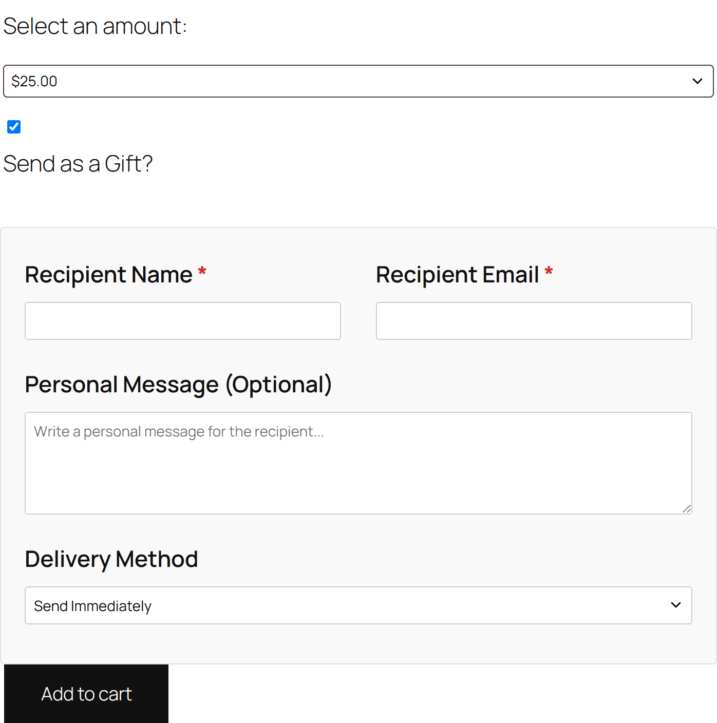 A gift card product page with the amount picker and the Send as a Gift fields expanded