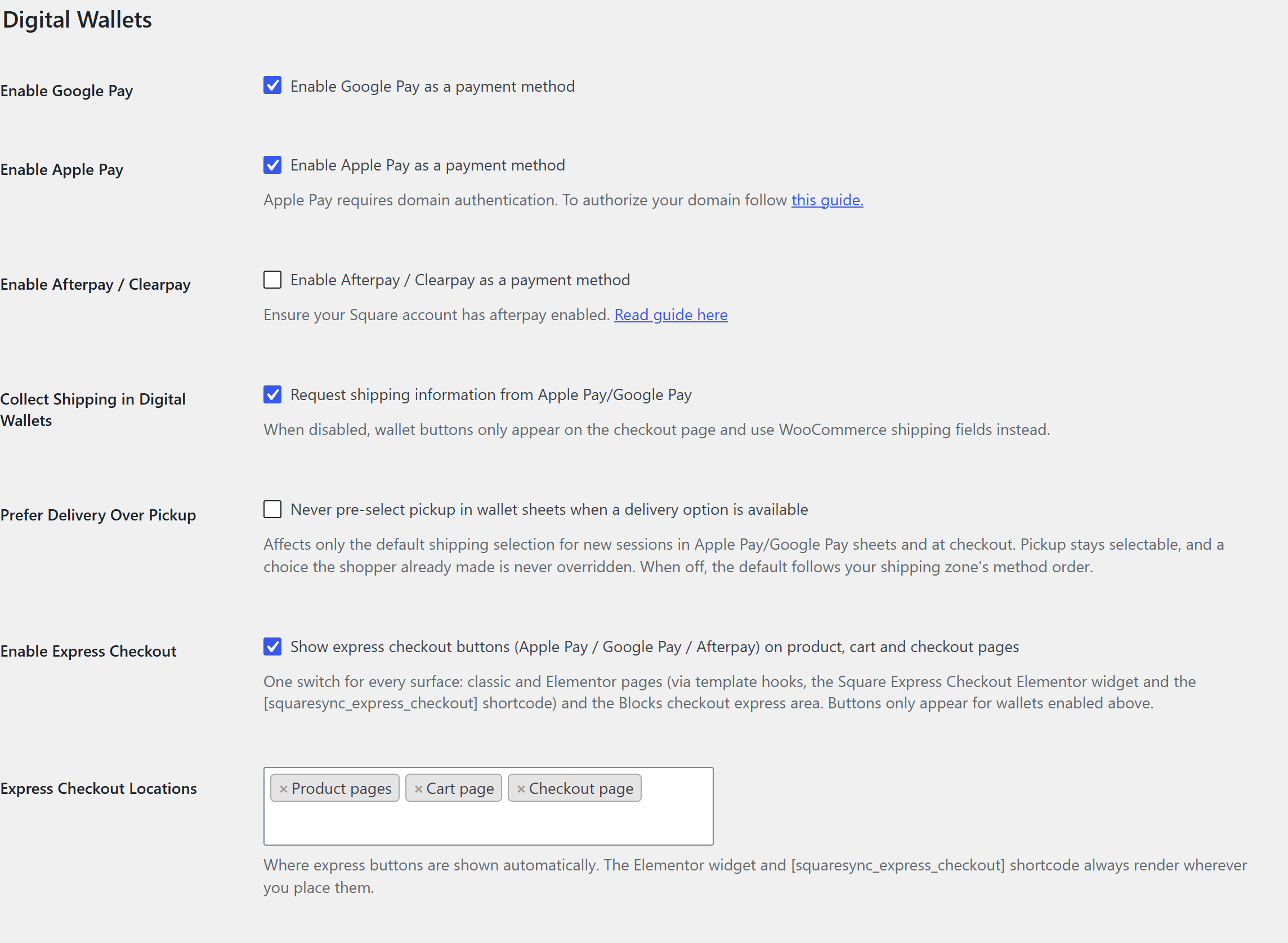 The Digital Wallets settings section: Google Pay, Apple Pay, Afterpay, shipping collection, delivery preference, and express checkout