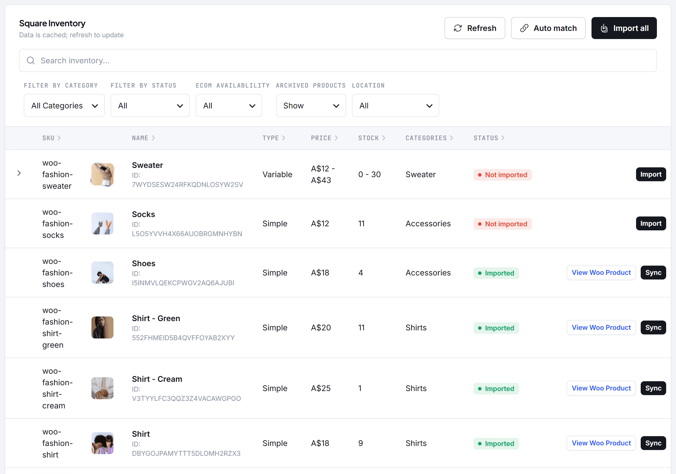 The Square Inventory browser: search, filters, and per-product import status