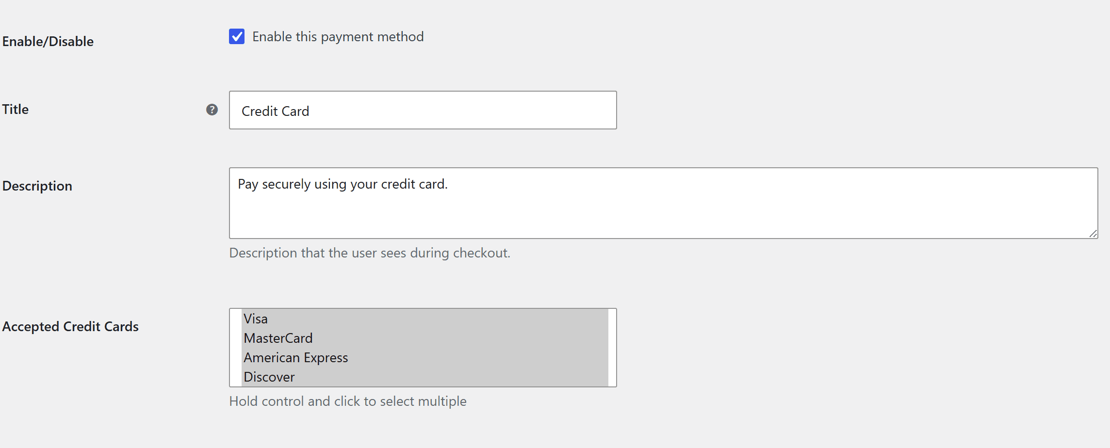 Square gateway settings showing Enable, Title, Description, and Accepted Credit Cards