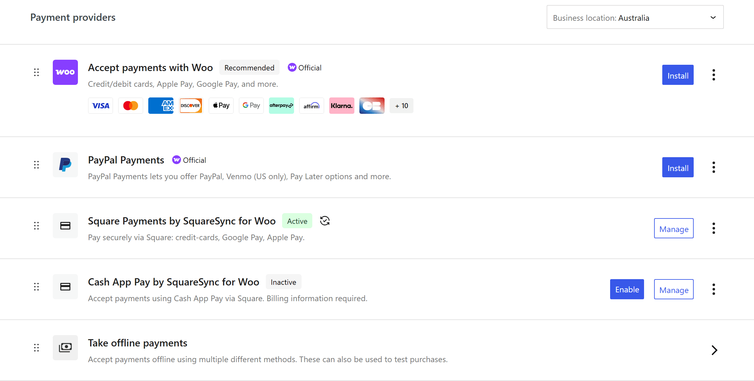 WooCommerce payment providers list showing Square Payments by SquareSync for Woo as Active