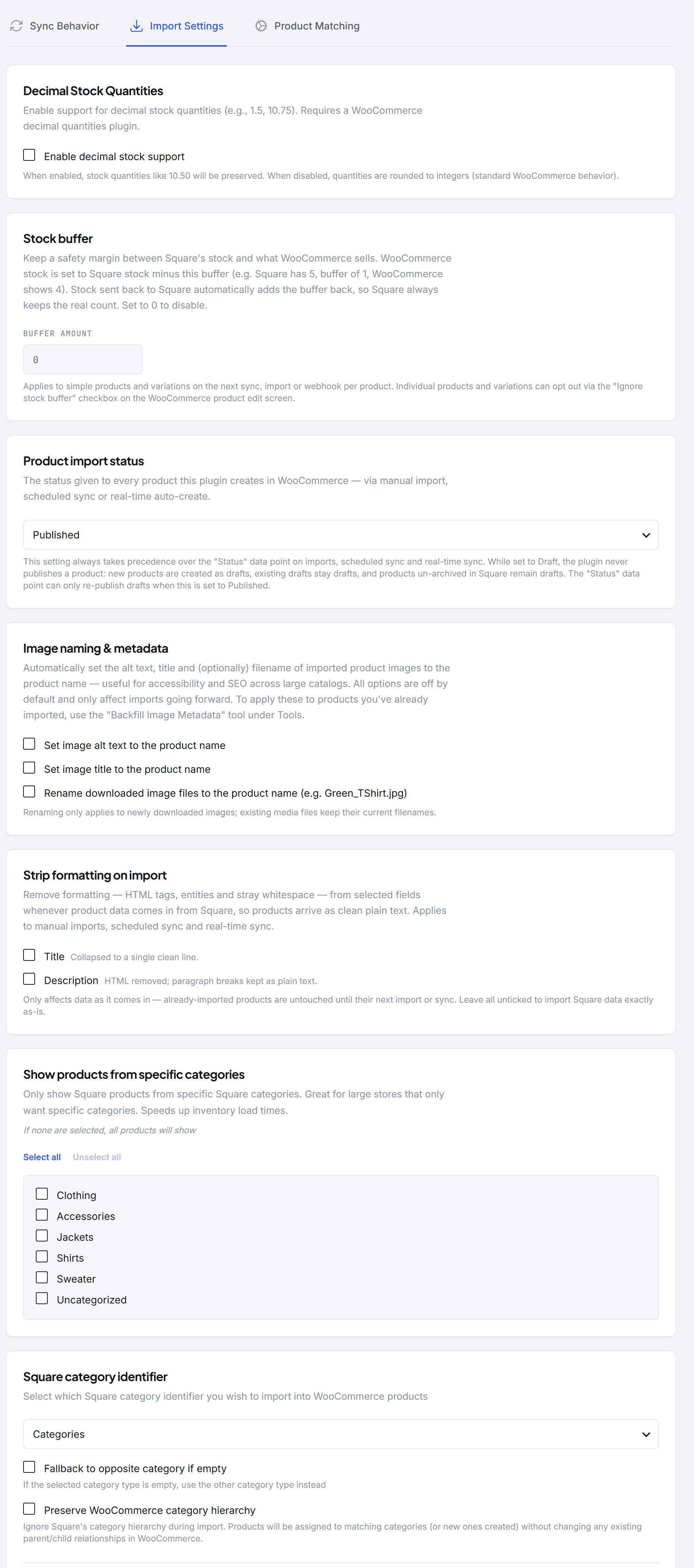 The Import Settings tab: decimal stock, stock buffer, product import status, image metadata, strip formatting, category filters, and category identifier