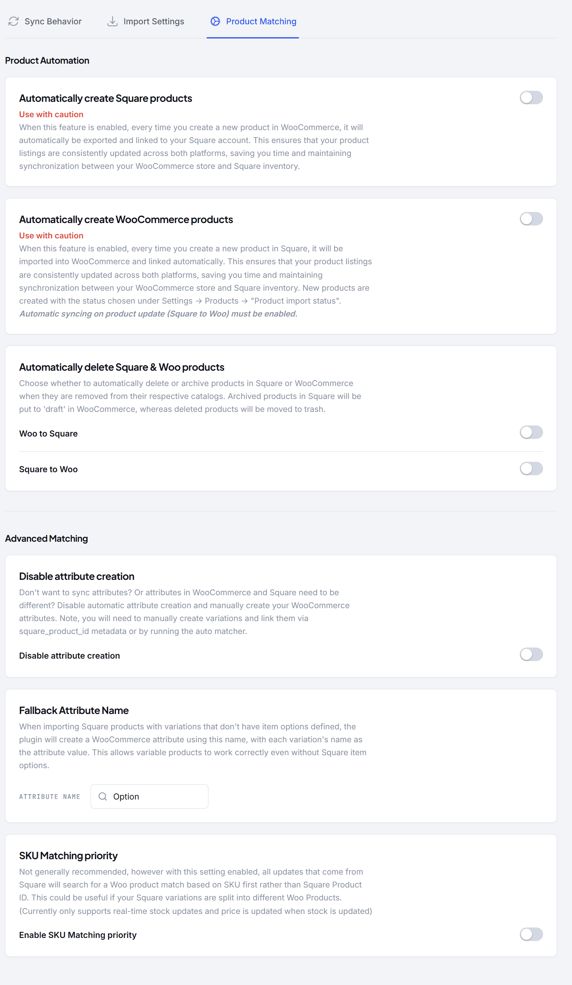 The Product Matching tab: automatic creation and deletion, attribute creation, fallback attribute name, and SKU matching priority