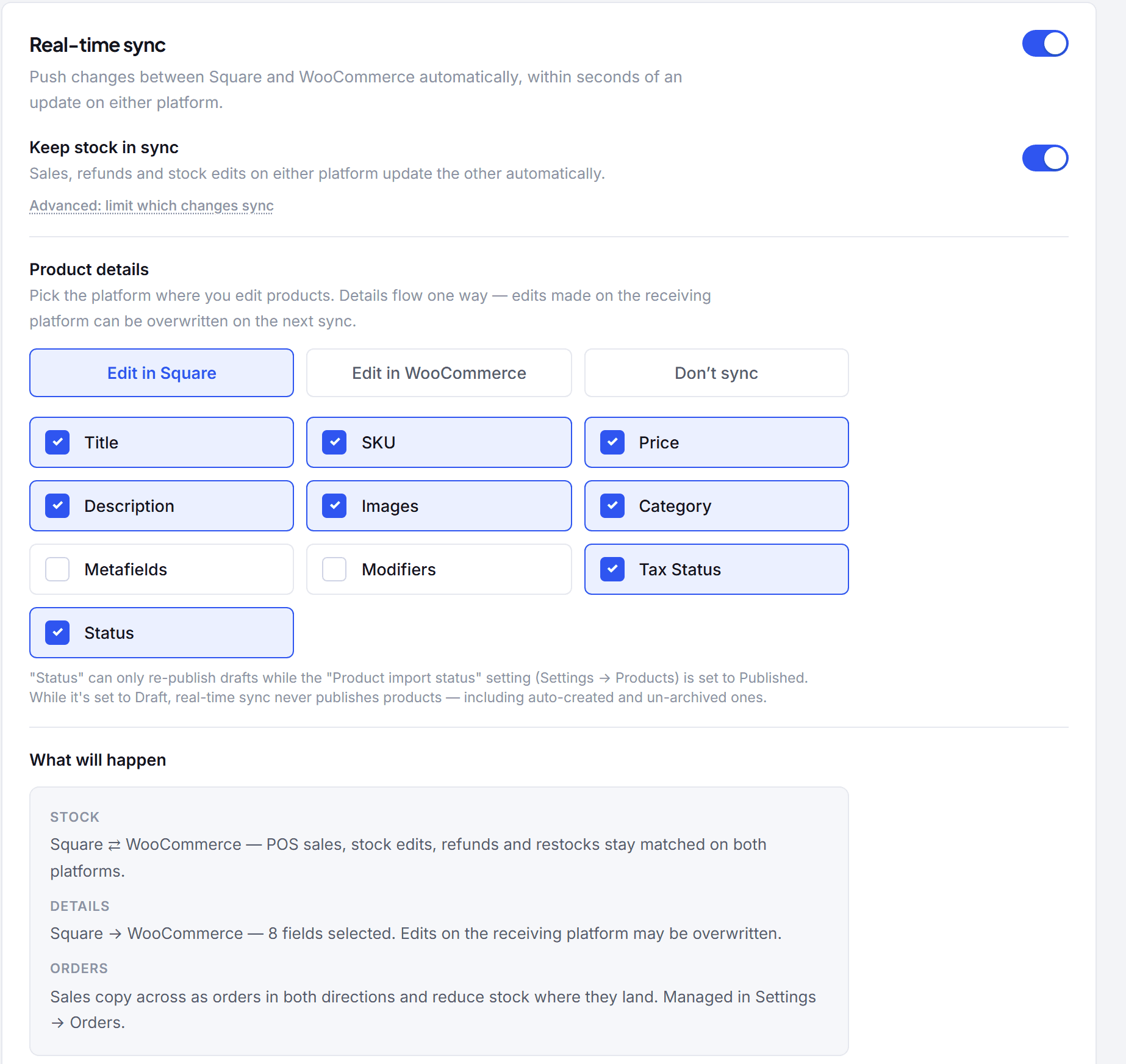 The Real-time sync card: stock toggle, product-details direction, field selection, and the What will happen summary