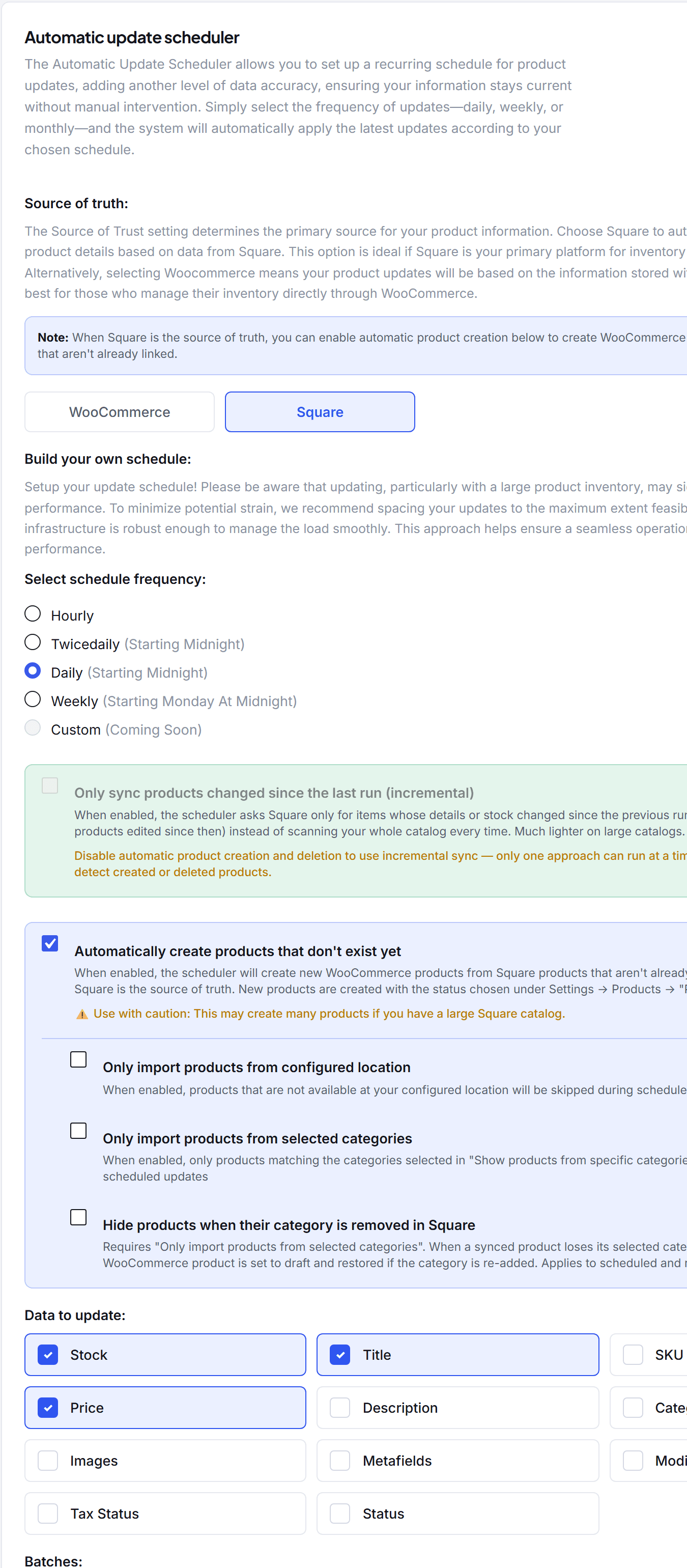 The Automatic update scheduler card: source of truth, frequency, incremental sync, auto-create options, and data selection