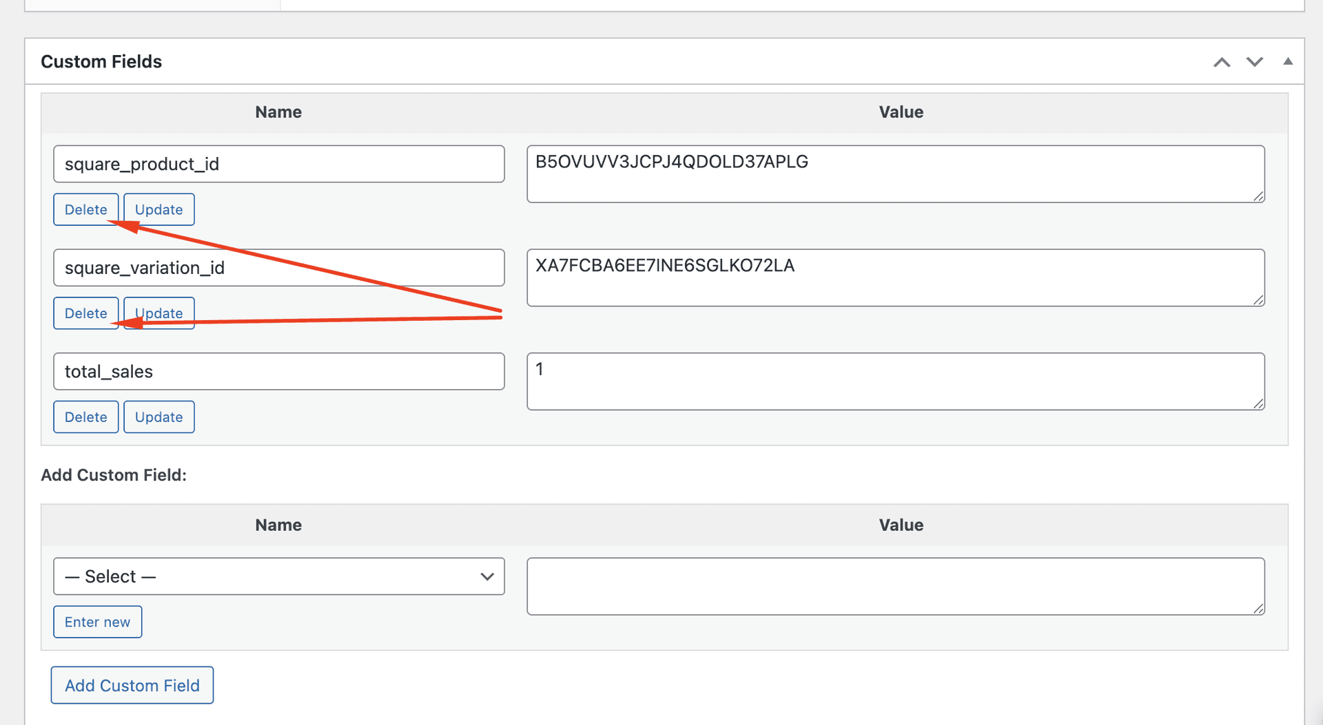 Custom Fields section showing square_product_id meta key