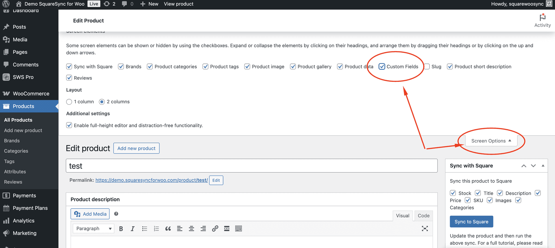 WordPress Screen Options panel showing Custom Fields checkbox