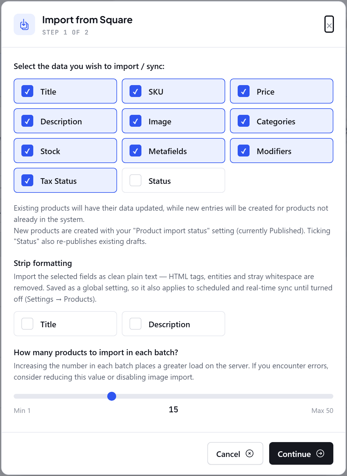 The Import from Square dialog in the plugin, with data points ticked and a batch-size slider