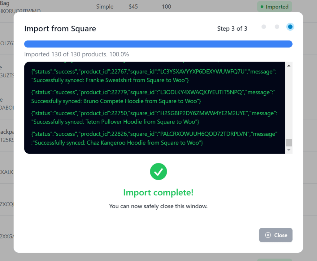 WooCommerce Square Plugin Import Results Display