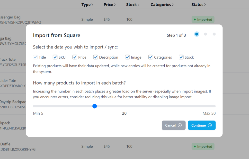 Square WooCommerce Import Options