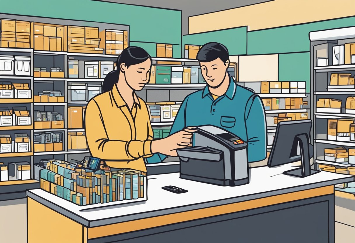 A customer swipes a credit card through a Square reader while a store employee assists with a purchase