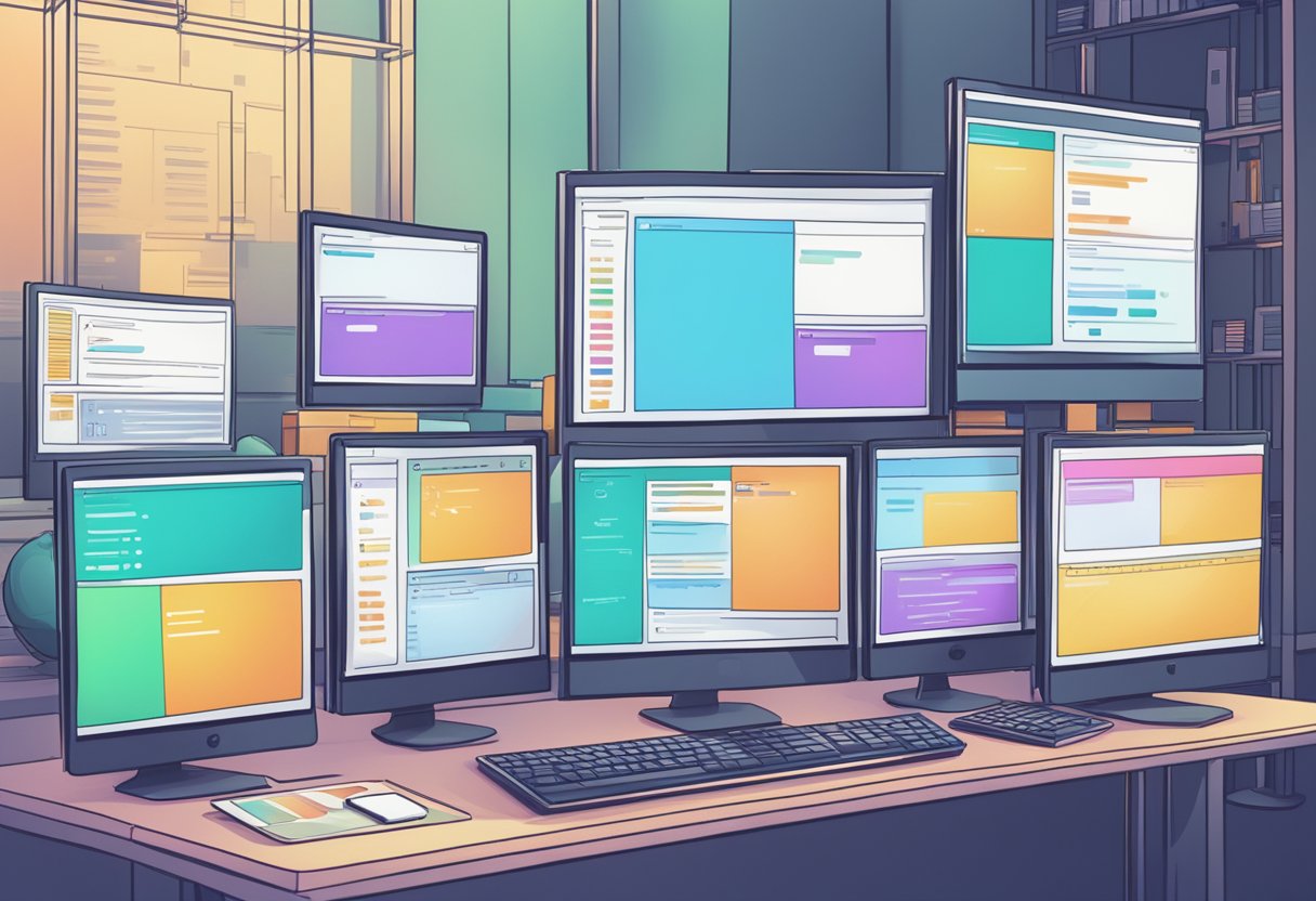 A group of computer screens displaying code updates and API improvements