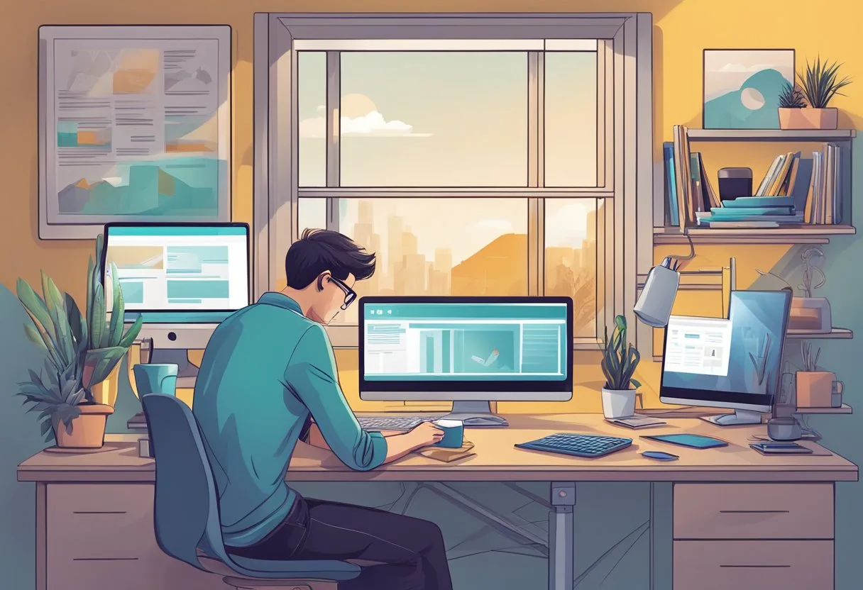 A person sitting at a desk, surrounded by various devices and notebooks, browsing through different WordPress themes on a computer screen