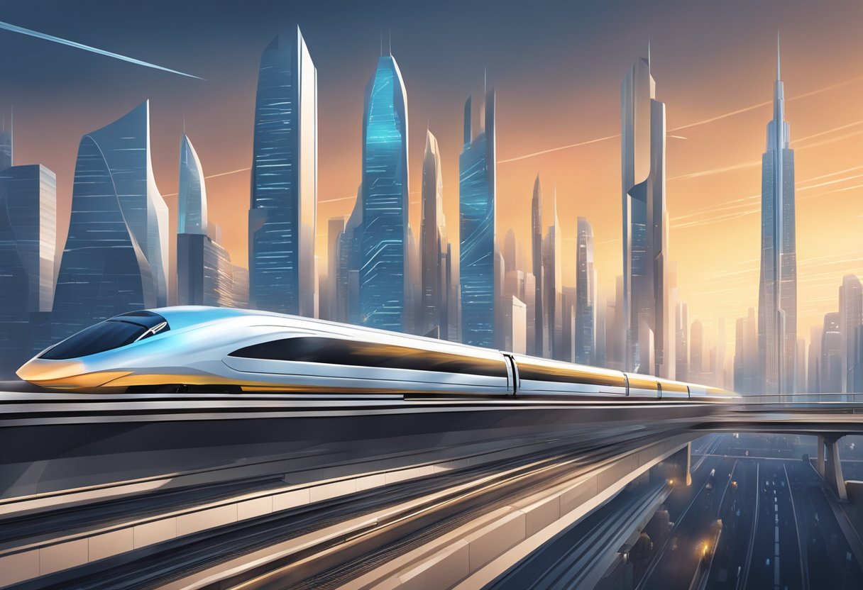 A sleek, futuristic city skyline with high-speed trains and bustling traffic below