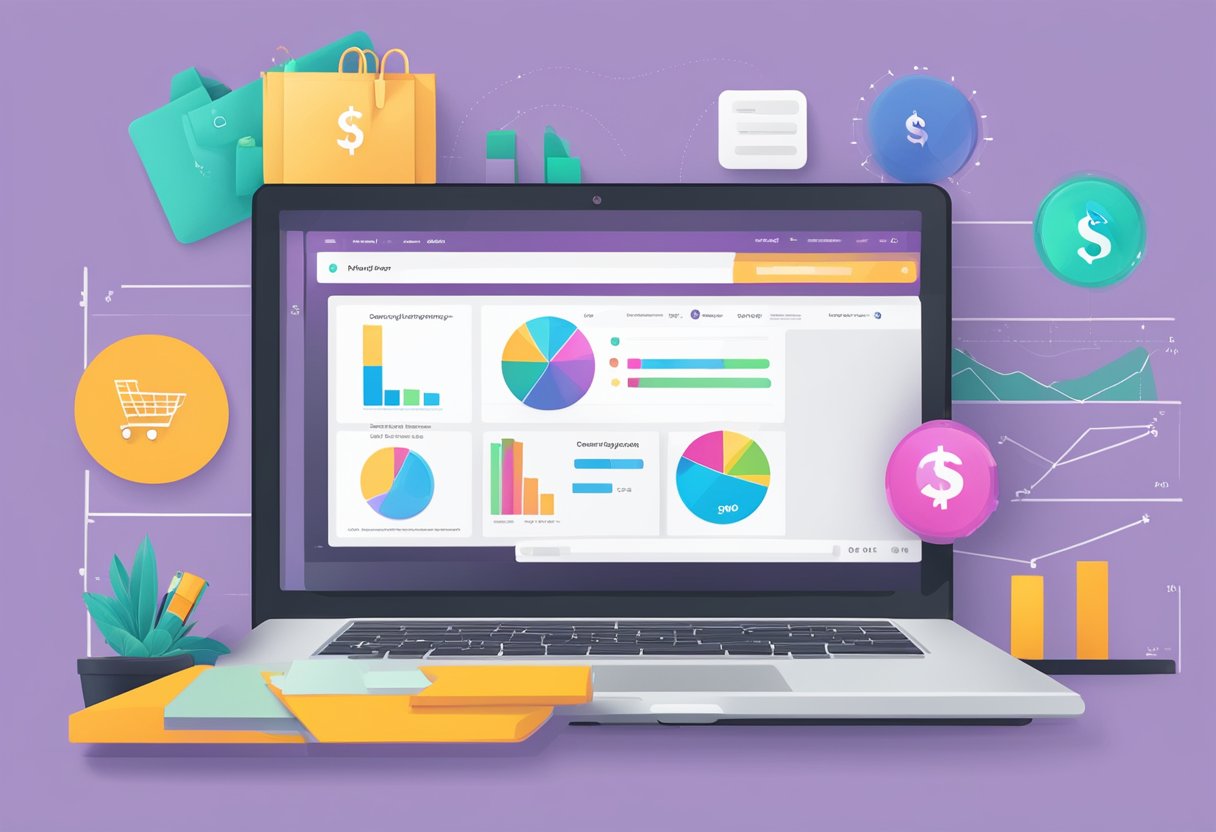 A laptop displaying a WooCommerce pricing page with various product options and a graph showing growth